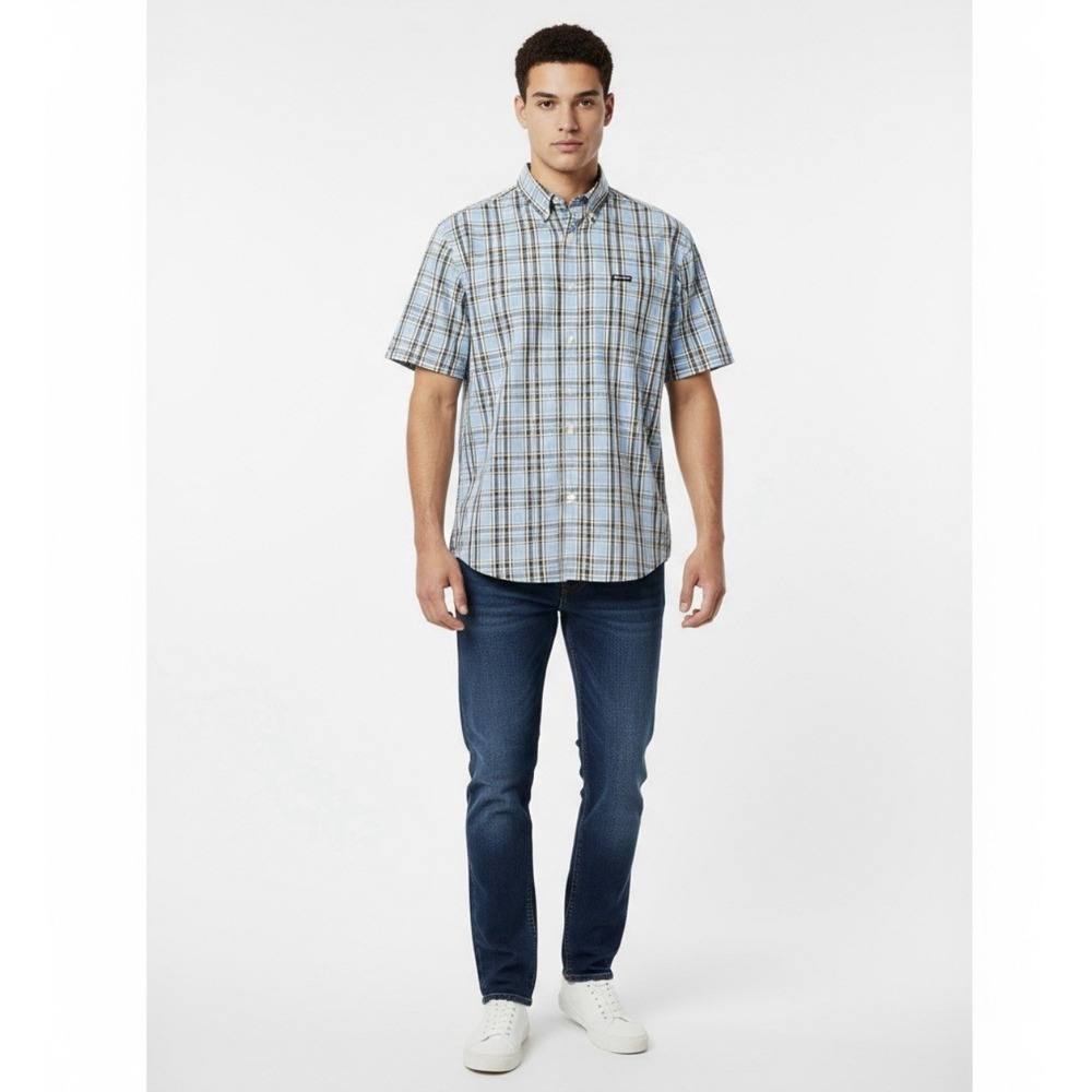 Chaps Mens Size Large Blue Plaid Shirt Short Sleeve Casual Preppy Classic